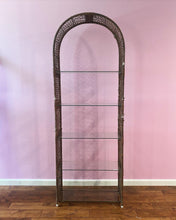Load image into Gallery viewer, Tall Arched Vintage Woven Wicker and Glass Etagere Shelf