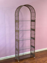 Load image into Gallery viewer, Tall Arched Vintage Woven Wicker and Glass Etagere Shelf