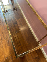 Load image into Gallery viewer, Vintage Gold Chrome Console Table: Smoky Glass Top, Milo Baughman Style