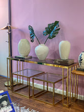 Load image into Gallery viewer, Vintage Gold Chrome Console Table: Smoky Glass Top, Milo Baughman Style