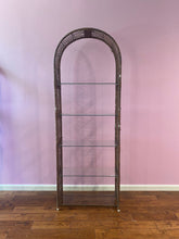 Load image into Gallery viewer, Tall Arched Vintage Woven Wicker and Glass Etagere Shelf