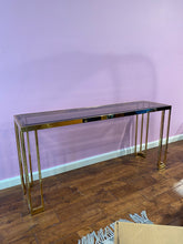 Load image into Gallery viewer, Vintage Gold Chrome Console Table: Smoky Glass Top, Milo Baughman Style
