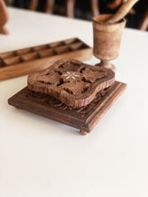Load image into Gallery viewer, Vintage Carved Teak Wood Trivet with Alabaster Inlay Design