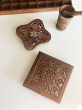 Load image into Gallery viewer, Vintage Carved Teak Wood Trivet with Alabaster Inlay Design