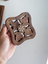 Load image into Gallery viewer, Vintage Carved Teak Wood Trivet with Alabaster Inlay Design