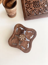 Load image into Gallery viewer, Vintage Carved Teak Wood Trivet with Alabaster Inlay Design