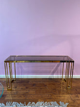 Load image into Gallery viewer, Vintage Gold Chrome Console Table: Smoky Glass Top, Milo Baughman Style
