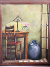 Load image into Gallery viewer, Vintage Framed Still Life Desk with Lamp and Vase Painting