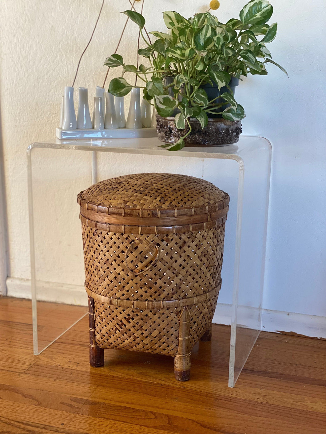 Large Round Woven Rattan Basket / Wastebasket / Vessel / Planter with Lid