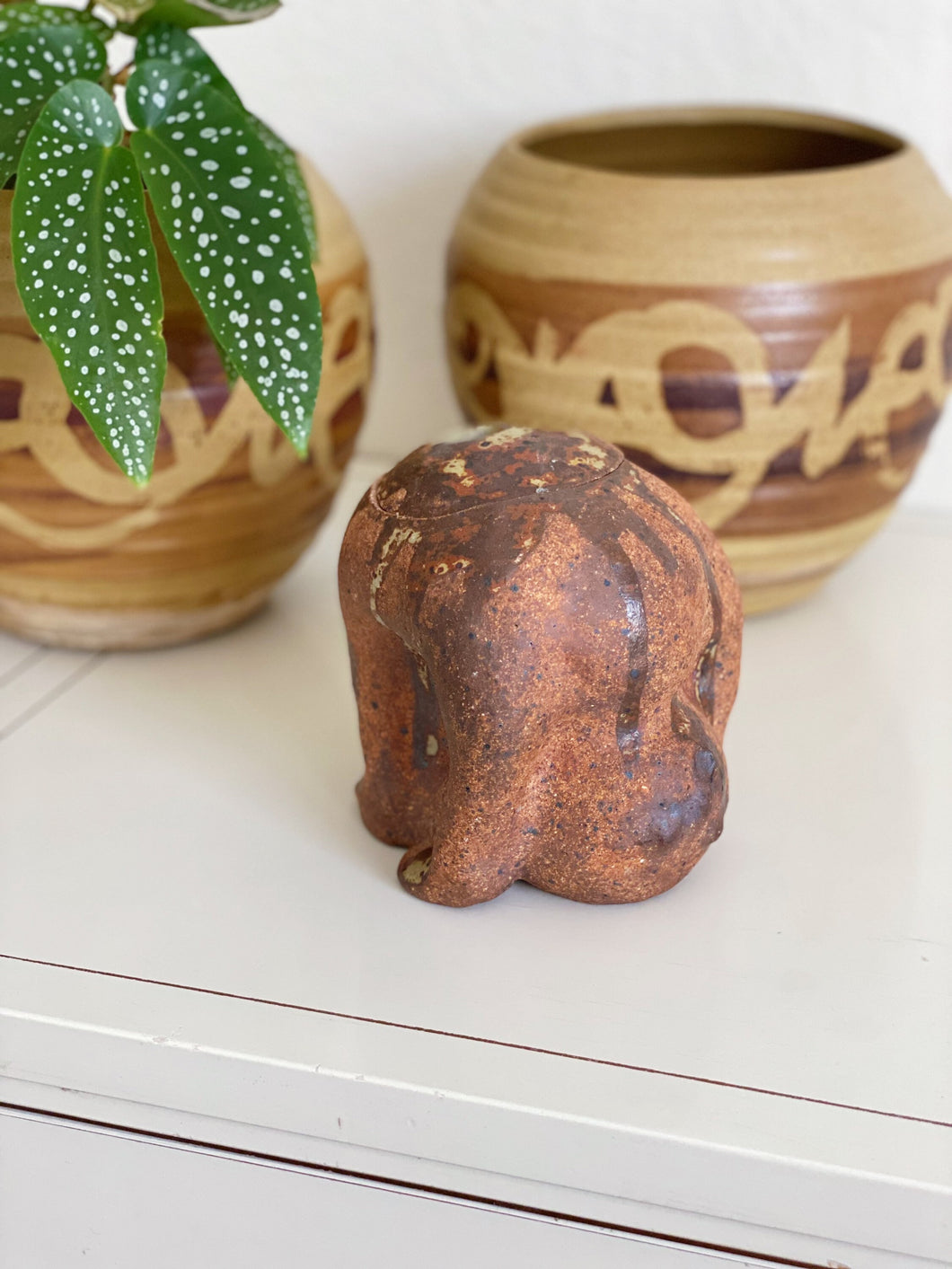 Upside Down Man Brown Glazed Ceramic Lidded Jar Vessel Folk Art - Studio Pottery