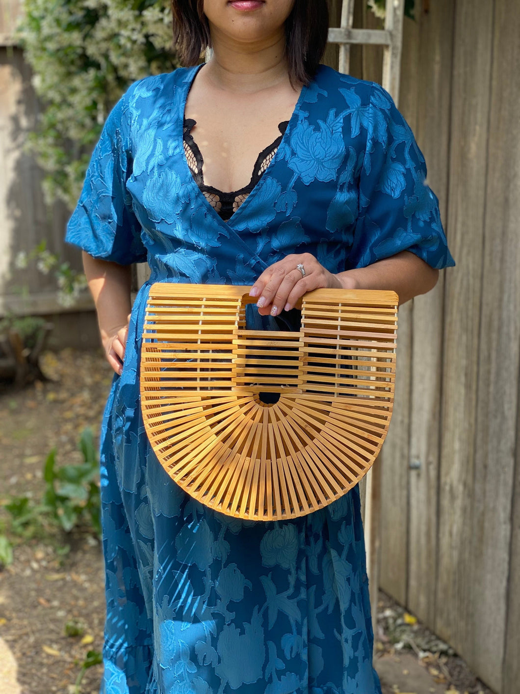 Large Bamboo Wood Half Moon Tote Bag