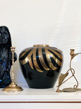 Load image into Gallery viewer, Extra Large Black Porcelain Ceramic Round Orb Vase with Brass Metal Art Deco Design - Vintage Haeger Style Vessel
