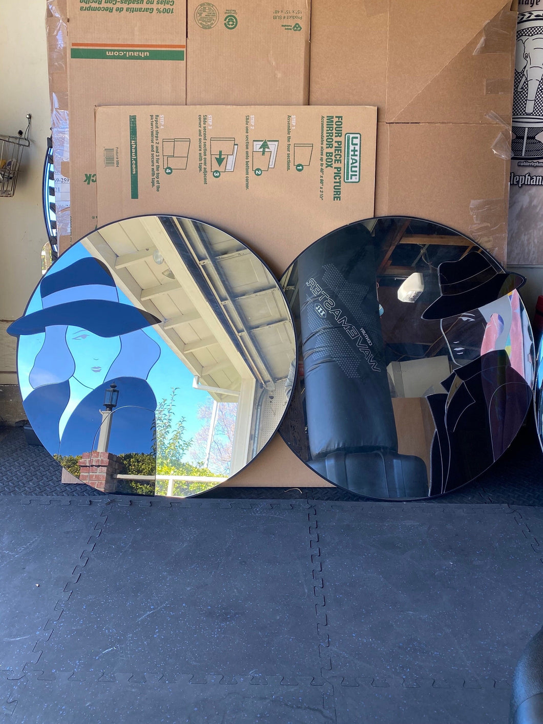 Post Modern Art Deco Revival Round Mirror - 1980s Black and White His and Hers Male Female Design