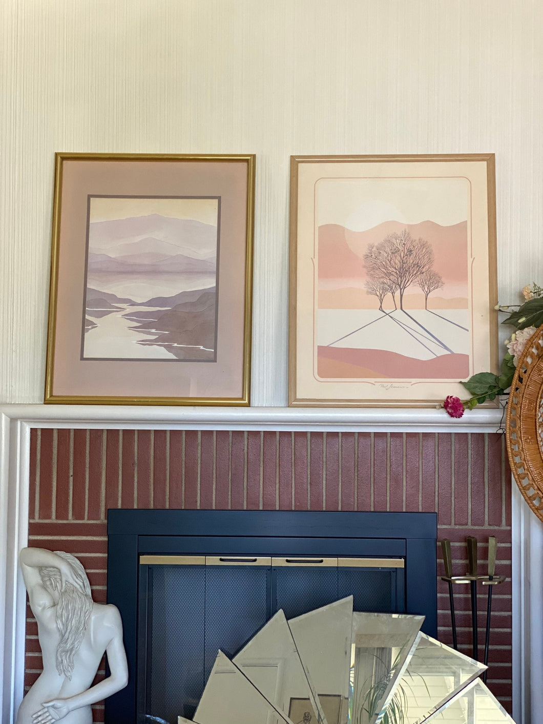 Framed Mountain River Landscape Scenery Portrait Lithograph Print