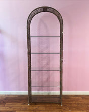 Load image into Gallery viewer, Tall Arched Vintage Woven Wicker and Glass Etagere
