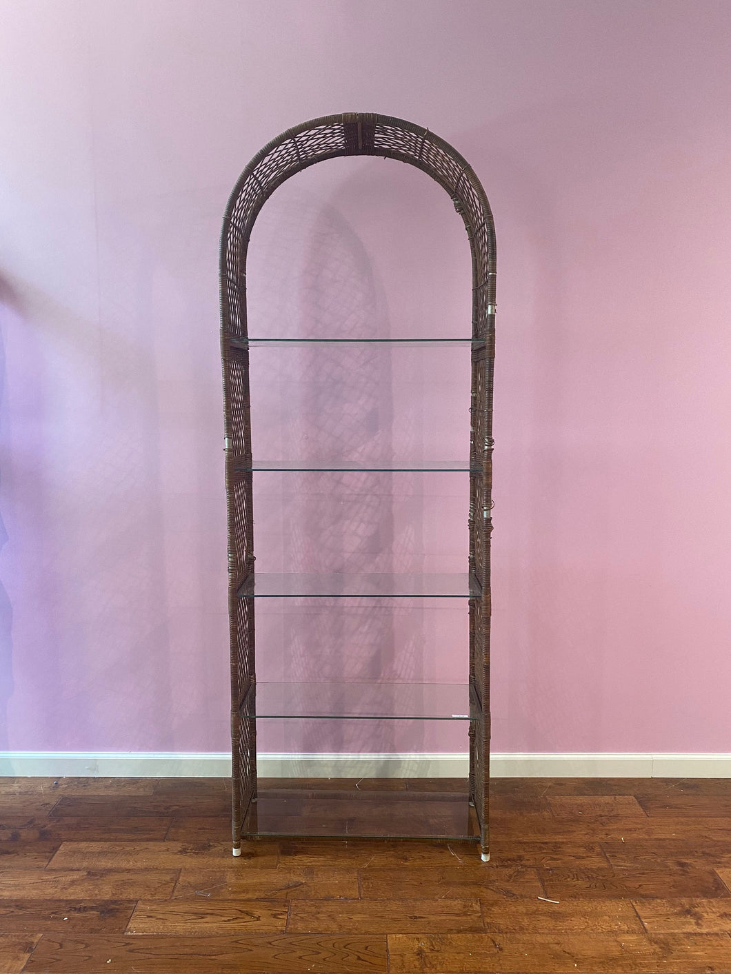 Tall Arched Vintage Woven Wicker and Glass Etagere