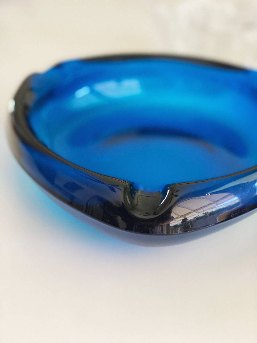 Vintage Cobalt Blue Triangle Glass Candy Dish / Catch All Tray / Ashtray