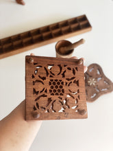 Load image into Gallery viewer, Vintage Carved Teak Wood Trivet with Honeycomb Center
