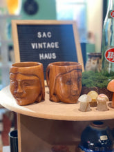 Load image into Gallery viewer, Pair of Two Wooden Tribal Face Carved Wooden Mugs
