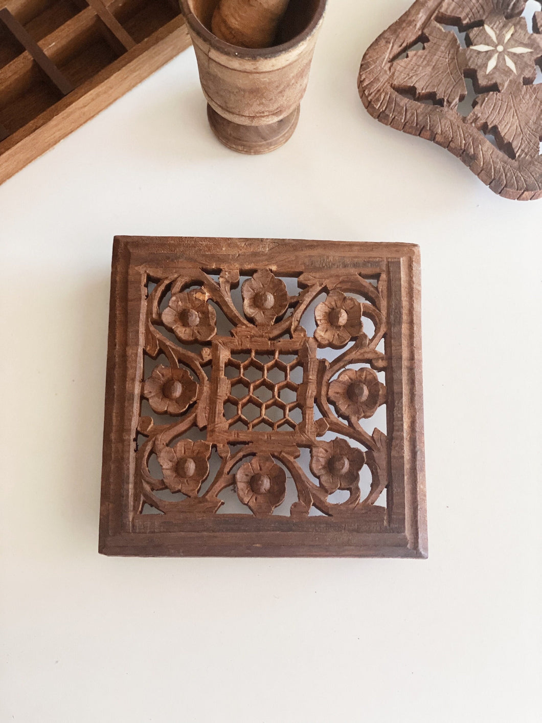 Vintage Carved Teak Wood Trivet with Honeycomb Center