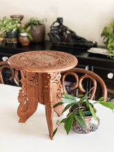 Load image into Gallery viewer, Teak Wood 12&quot; Carved Round Top Table / Plant Stand / Foldable Collapsible
