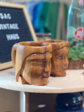 Load image into Gallery viewer, Pair of Two Wooden Tribal Face Carved Wooden Mugs
