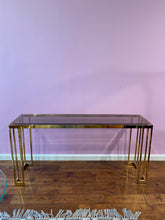 Load image into Gallery viewer, Gold Chrome Console Table with Smoky Glass Top - Milo Baughman for DIA Style Vintage Furniture
