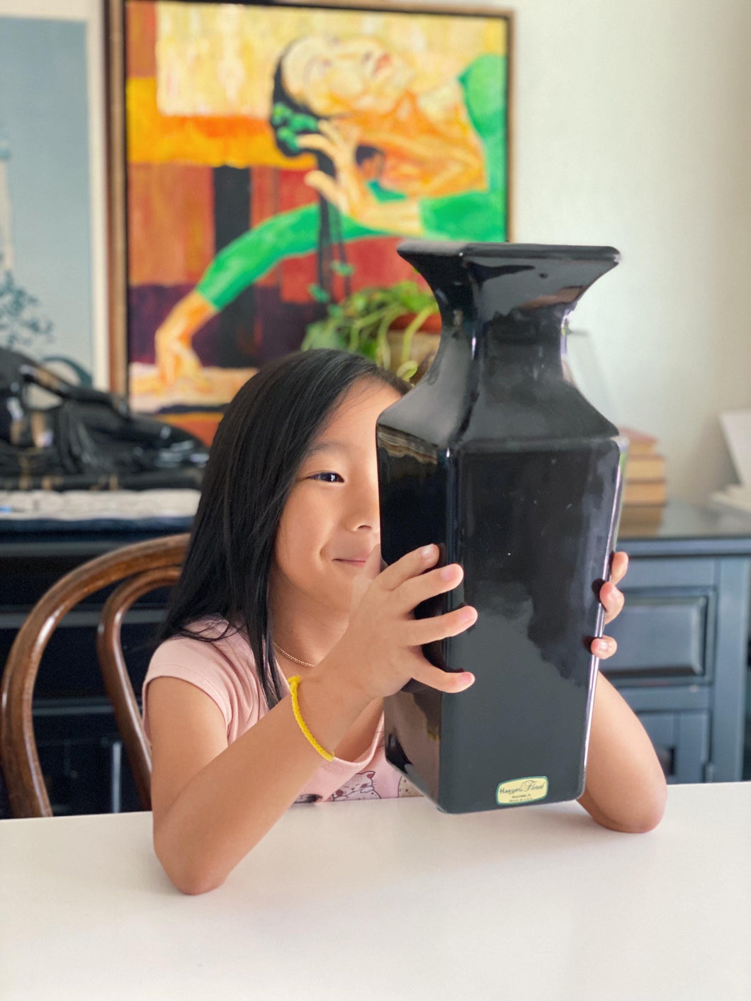 Tall Squared Black Ceramic Vase by Haeger Pottery