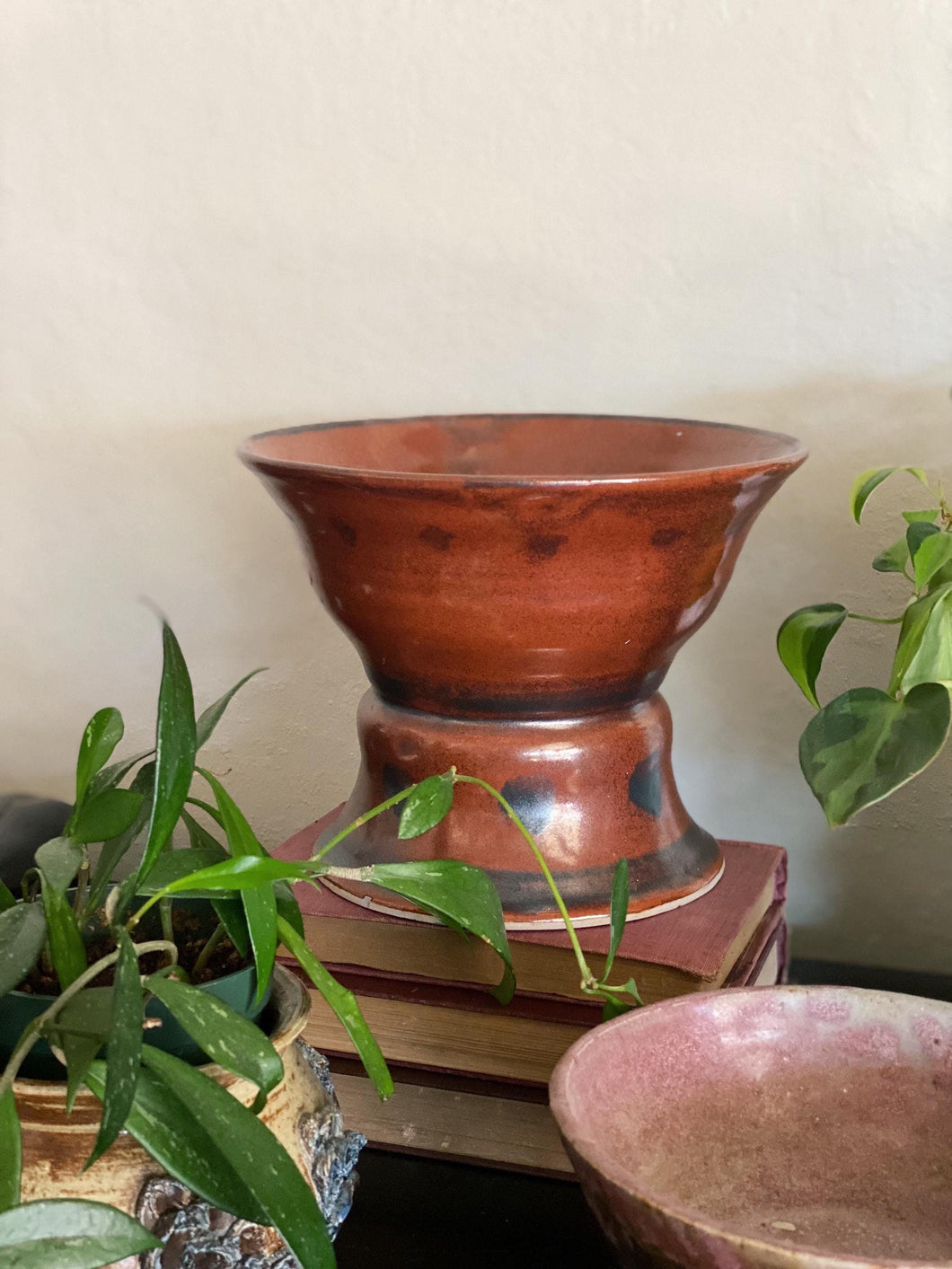 Burnt Reddish Orange Ceramic Pedestal Pot / Bowl / Vessel