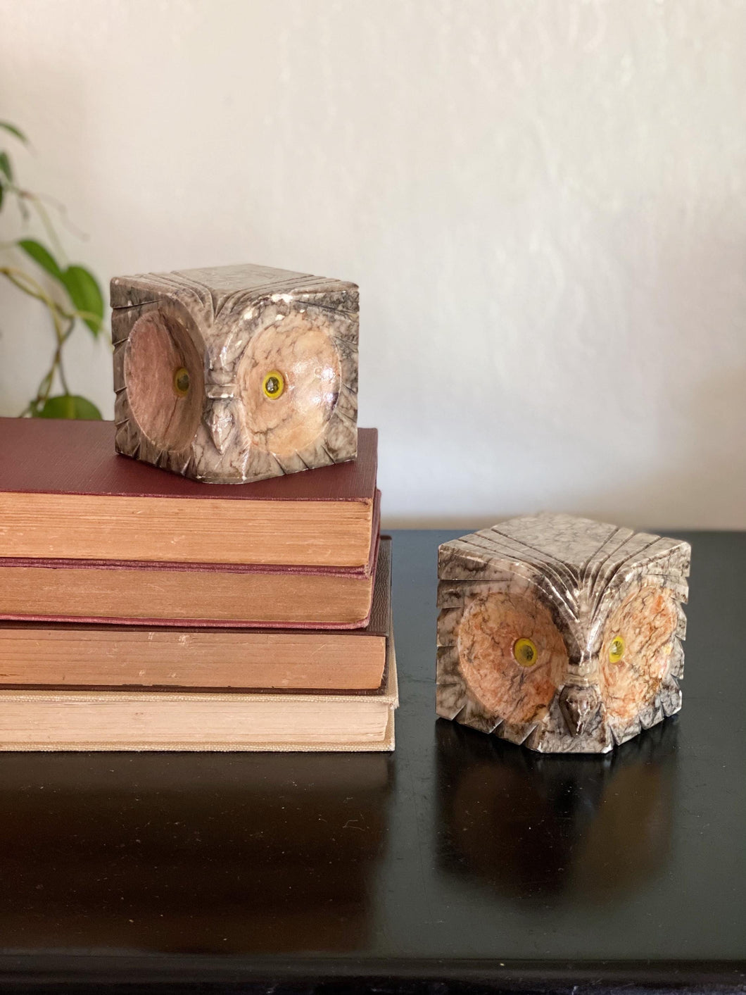 Vintage Italian Alabaster Stone Block Owl Bookends