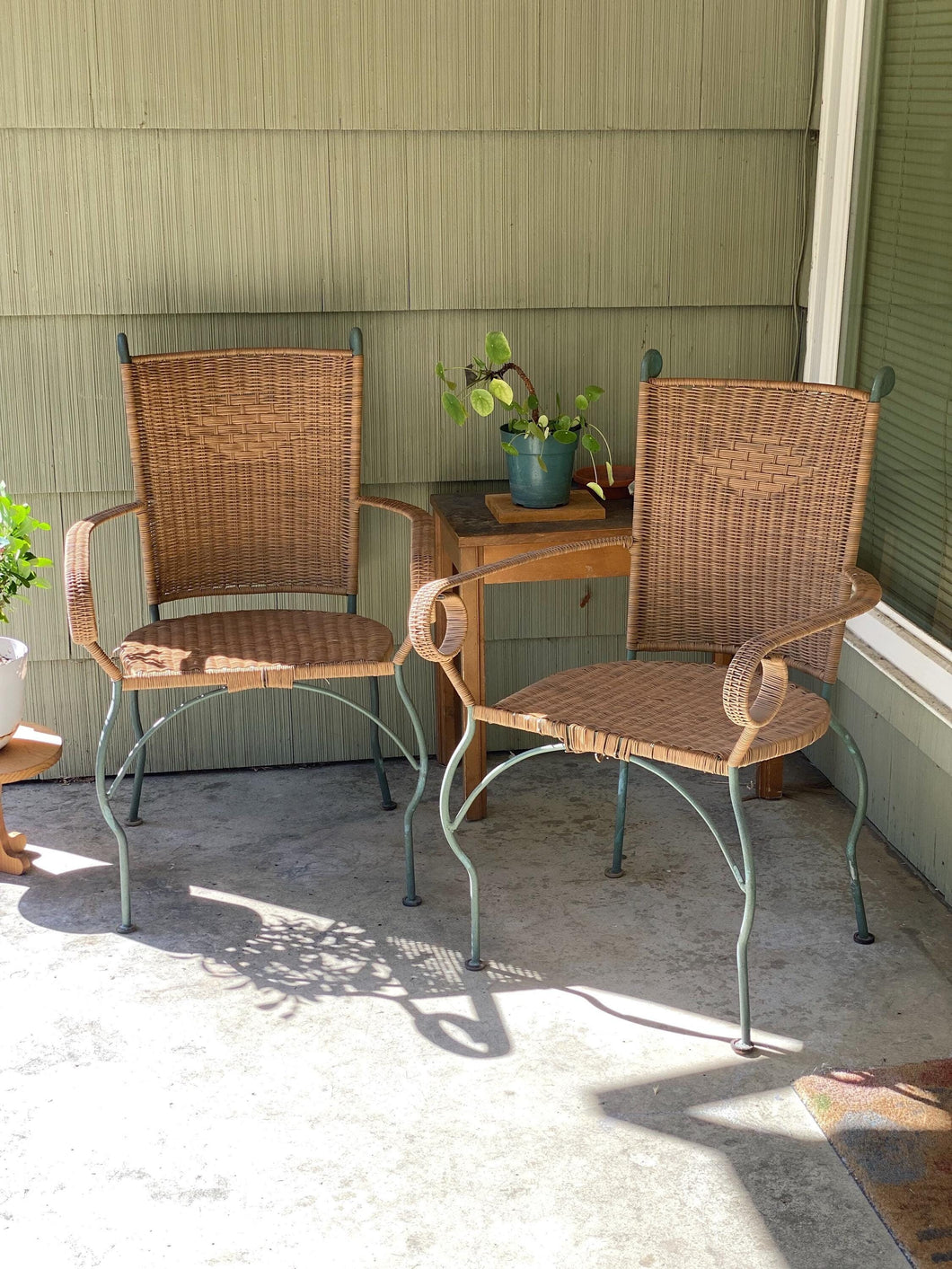 Vintage Woven Wicker Rattan and Iron Chair - Pair of Two