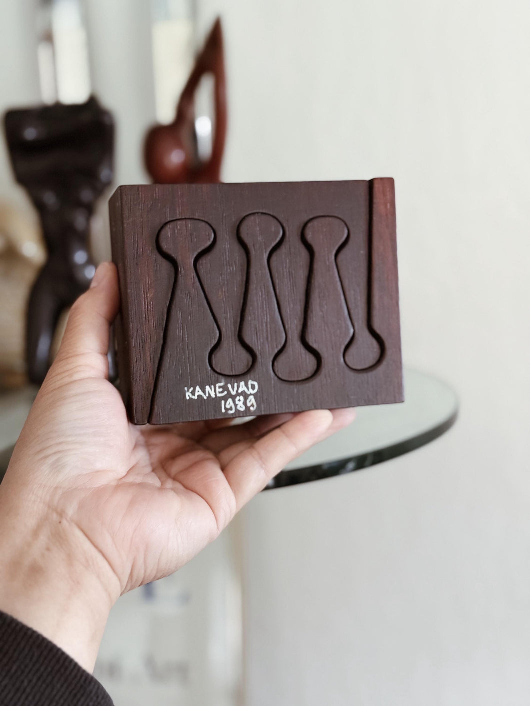 Vintage 1989 Swedish Dark Brown Wooden Puzzle Bookends by Gunnar Kanevad
