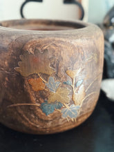 Load image into Gallery viewer, Vintage Solid Wood Pot with Brass Metal Foliage Inlay
