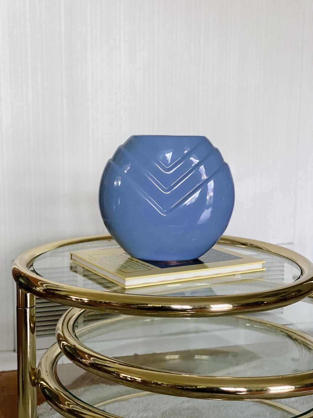 Post Modern Blue Ceramic Porcelain Vase with V Relief Design