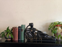 Load image into Gallery viewer, Black Porcelain Art Deco Revival Lady Lounging Feminine Sculpture
