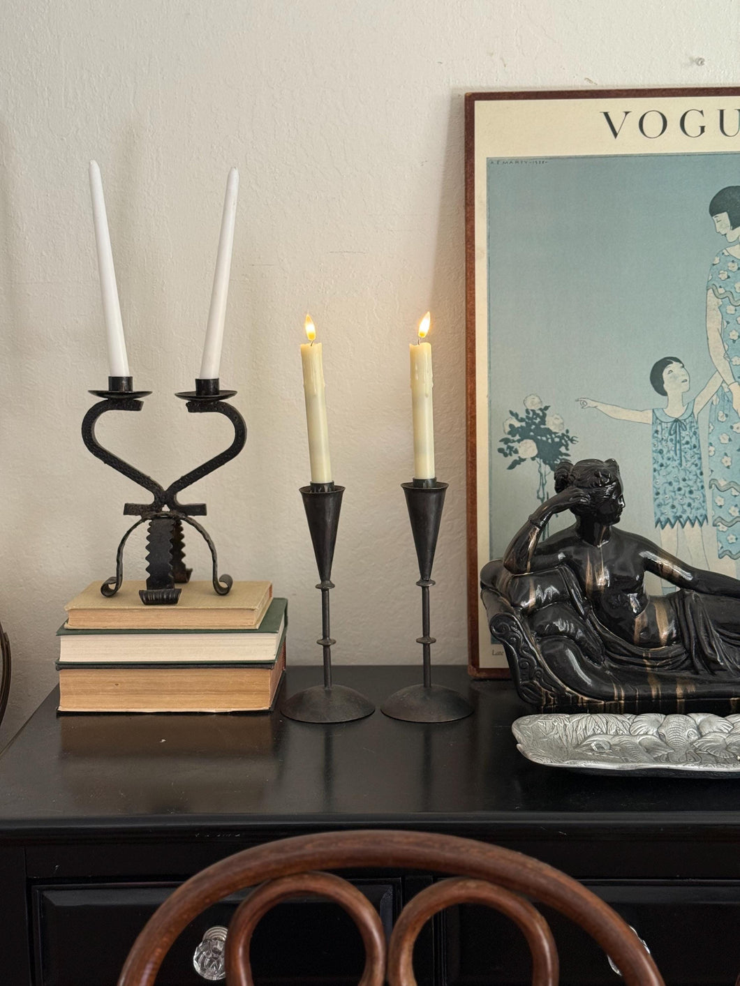 Vintage Tall Black Iron Candle Holders - Pair of Two