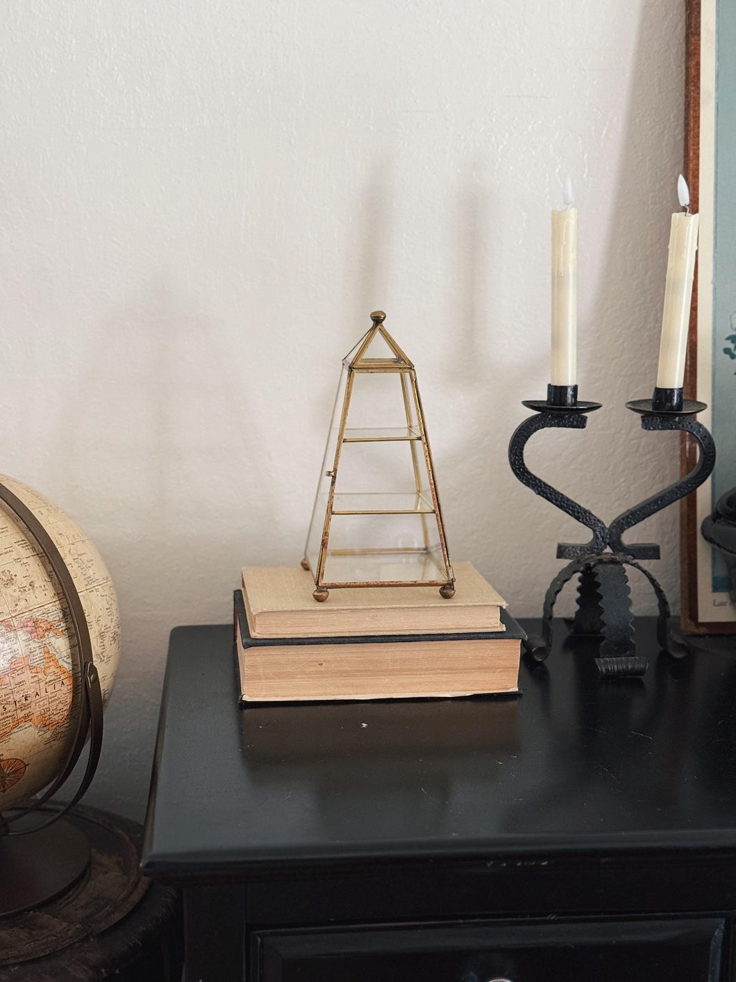 Vintage Geometric Shaped Brass and Glass Curio Display Shelf, 9.5