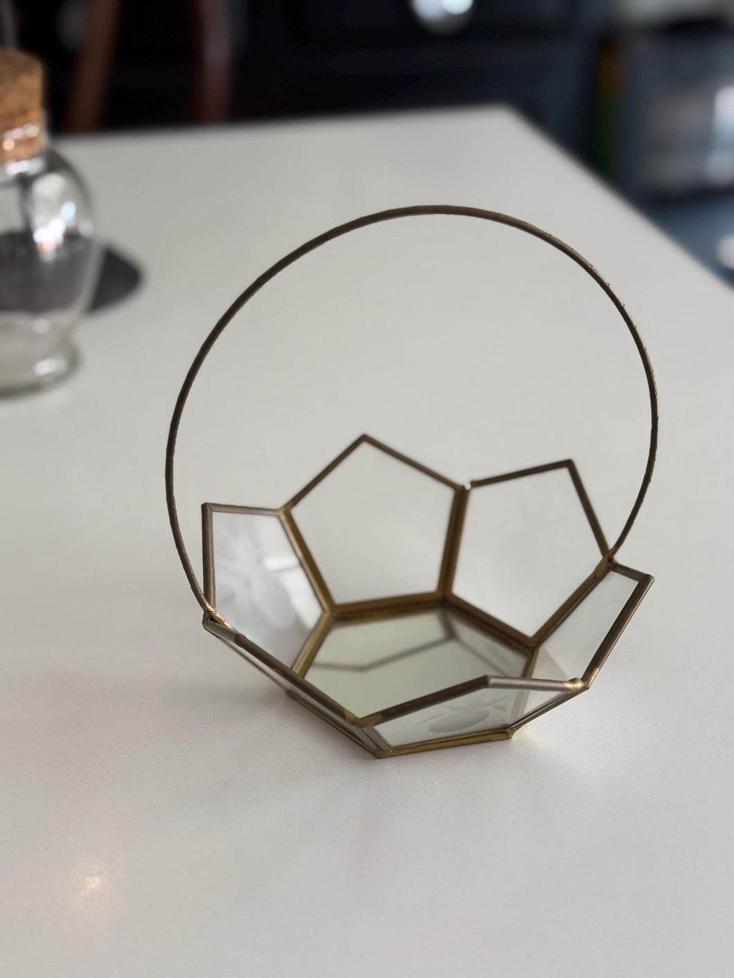 Vintage Geometric Shaped Brass and Mirrored Glass Tray / Dish / Vessel with Handle