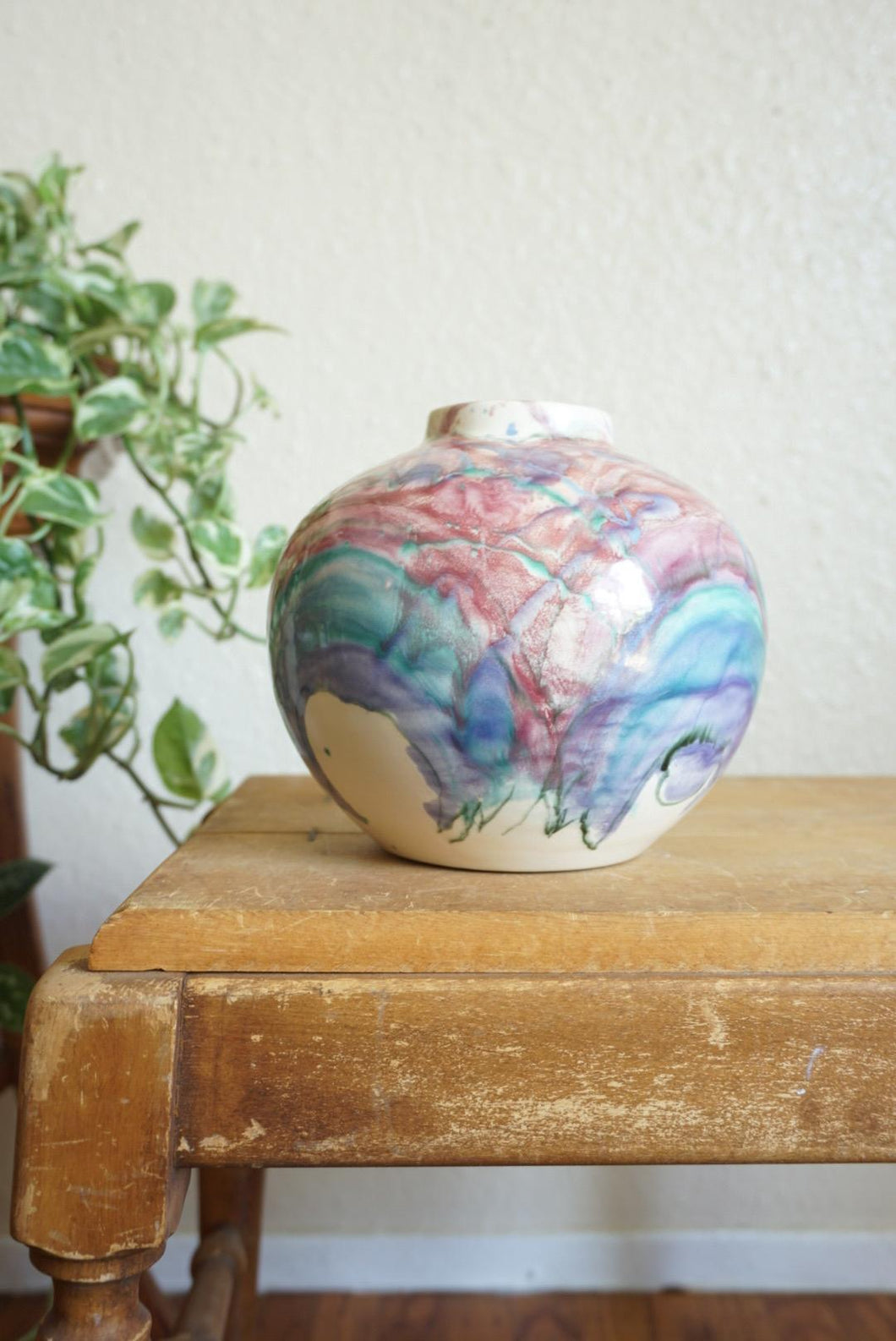 Vintage Sara Kira Blue Pink Multicolored Ceramic Pot Vessel