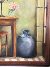 Load image into Gallery viewer, Vintage Framed Still Life Desk with Lamp and Vase Painting
