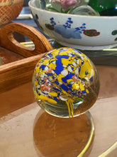 Load image into Gallery viewer, Murano Style Glass Yellow Blue Bubble Suspension Round Orb / Paperweight / Blown Glass Sculpture
