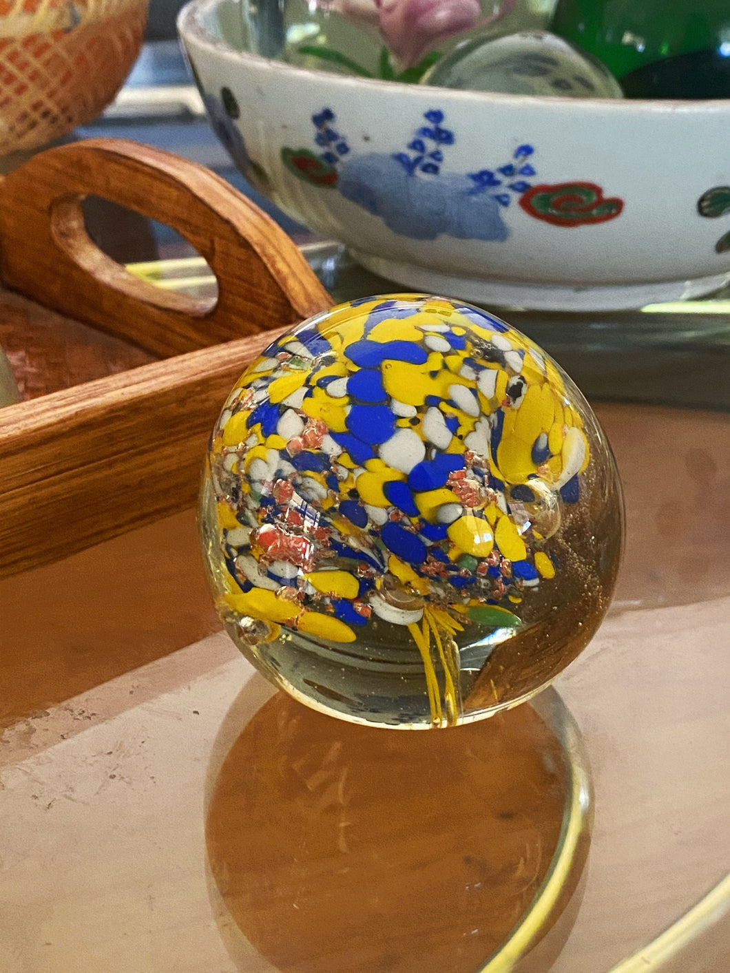 Murano Style Glass Yellow Blue Bubble Suspension Round Orb / Paperweight / Blown Glass Sculpture