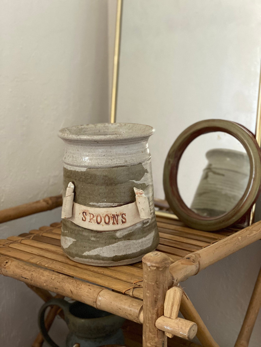 Tall Vintage Ceramic Spoon Jar Vessel - Studio Pottery Stoneware