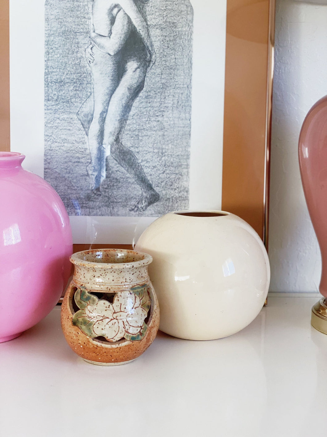 Vintage Earth Tone Speckled Ceramic Jar with Floral Cut Out Design