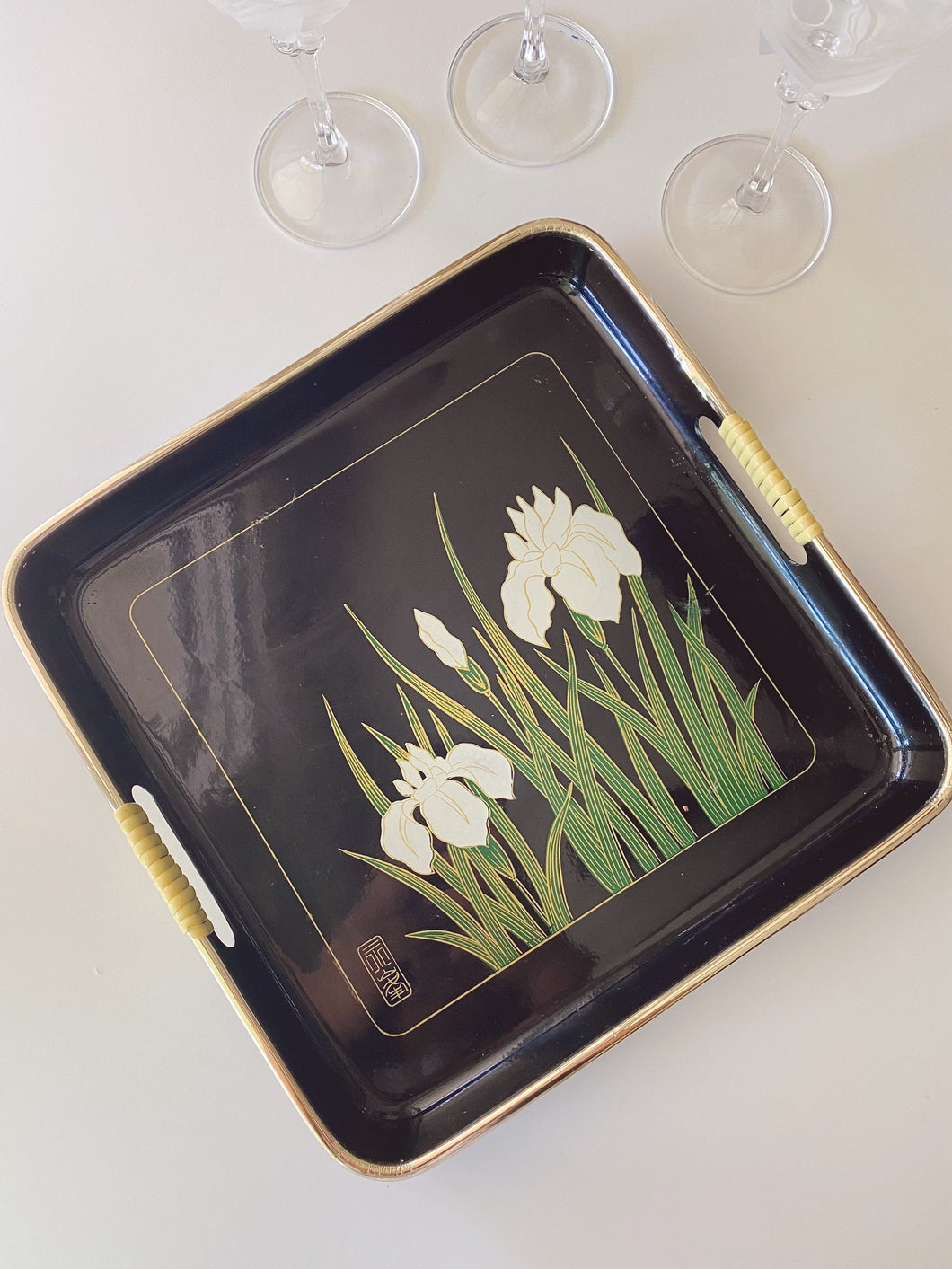 Vintage Black Lacquer Tray with White Lily Floral Pattern