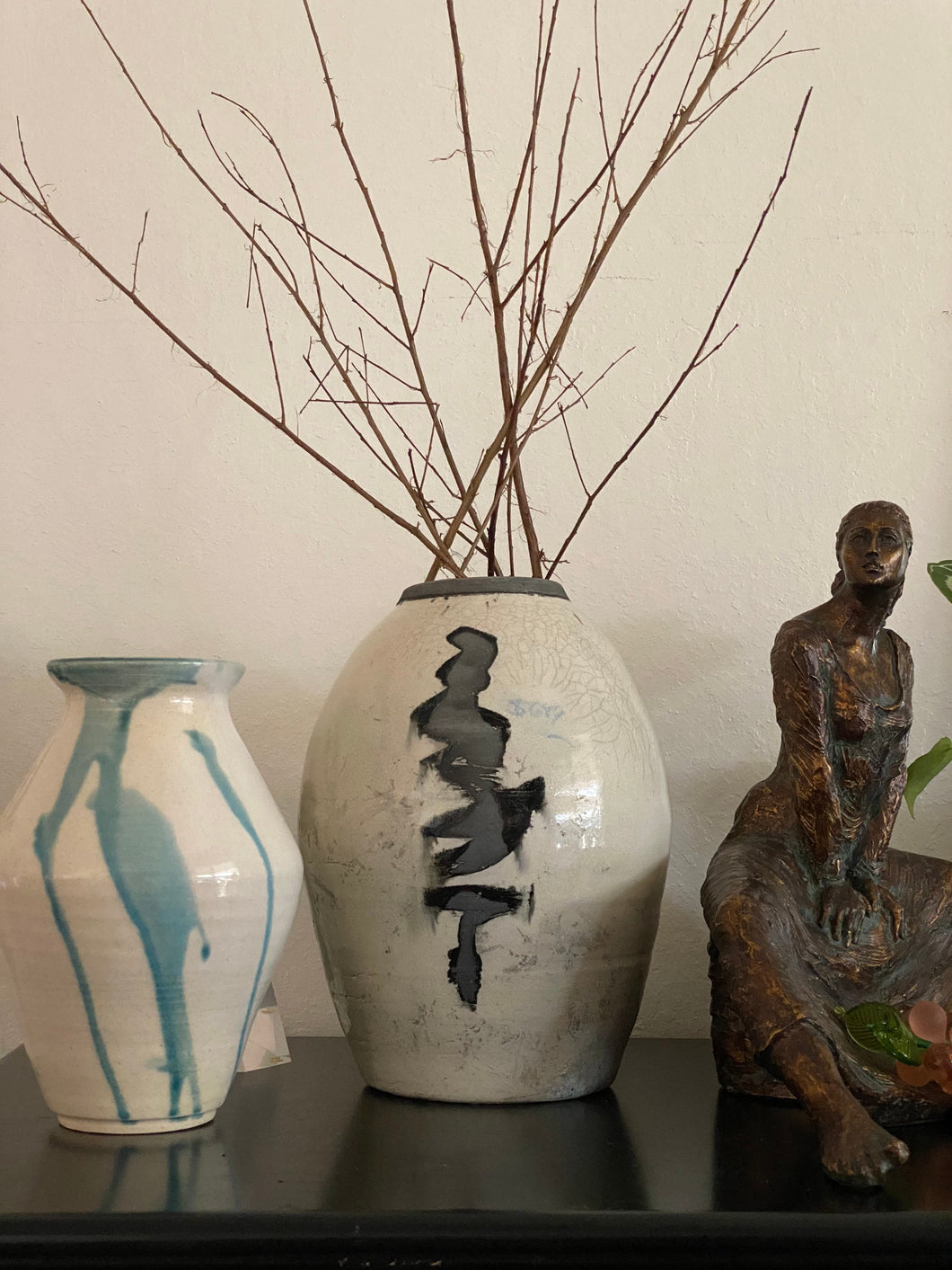 Tall Stone Gray Brush Stroke Ceramic Studio Pottery Vase / Vessel