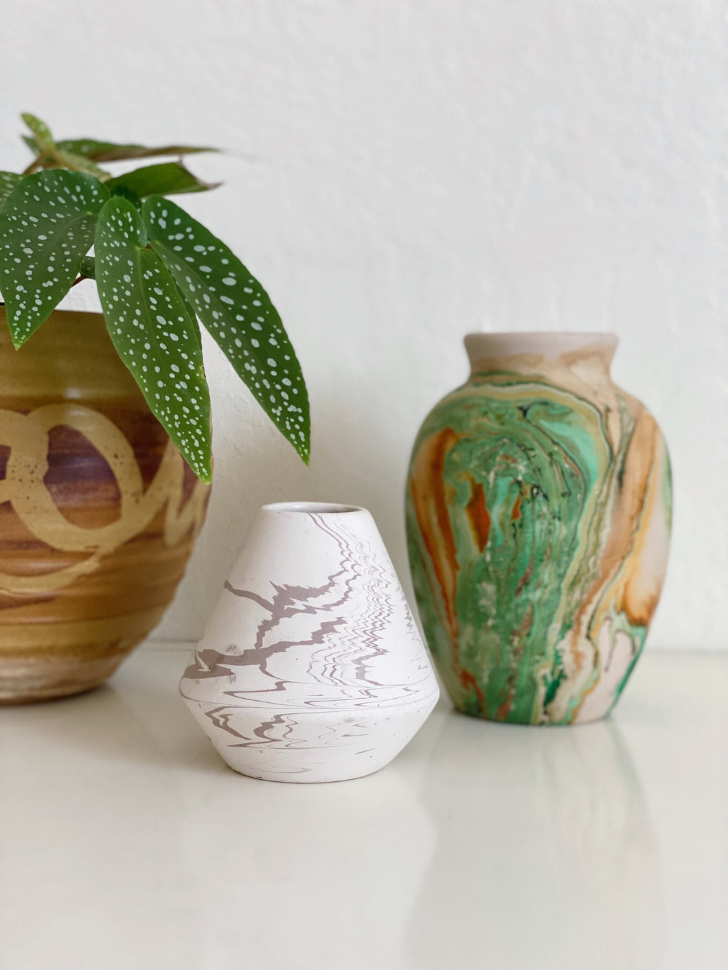 Small White Swirled Nemadji Pottery-inspired Vase
