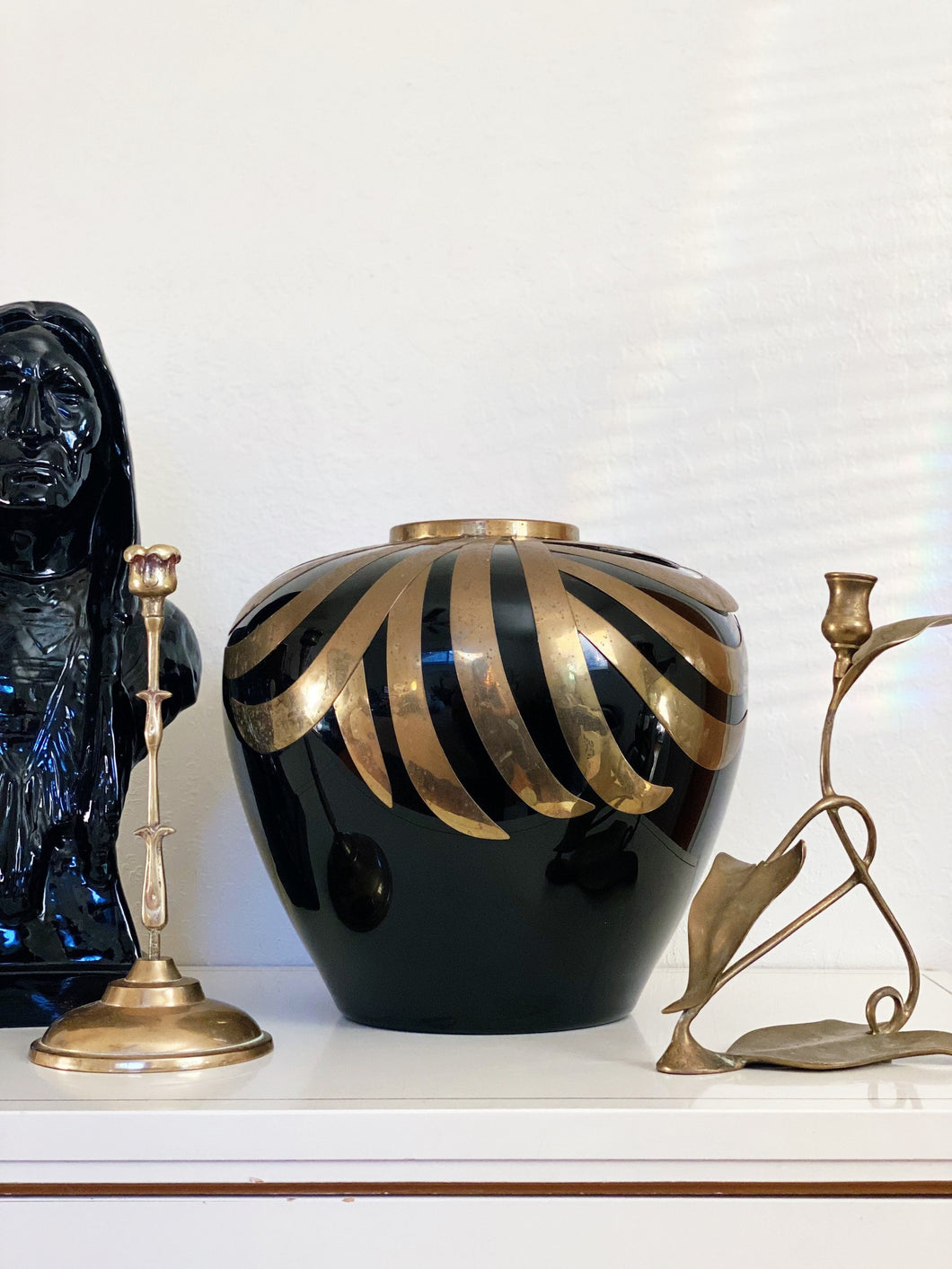Extra Large Black Porcelain Ceramic Round Orb Vase with Brass Metal Art Deco Design - Vintage Haeger Style Vessel
