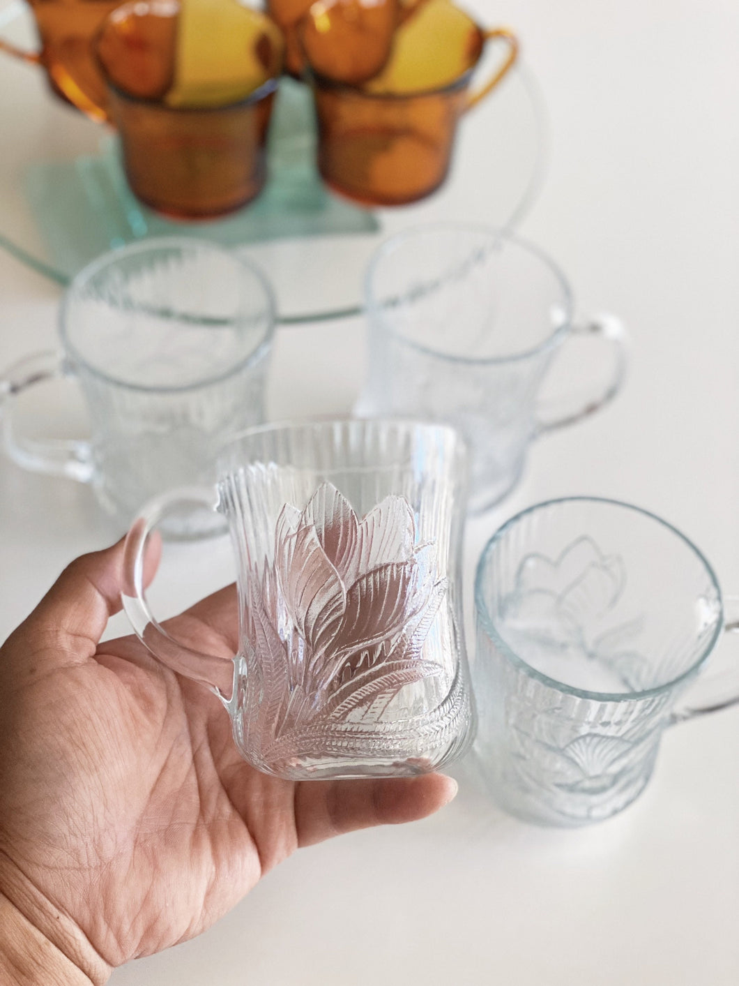 Arcoroc France Clear Glass Canterbury Crocus Flower Coffee Cup Mugs - Set of 4