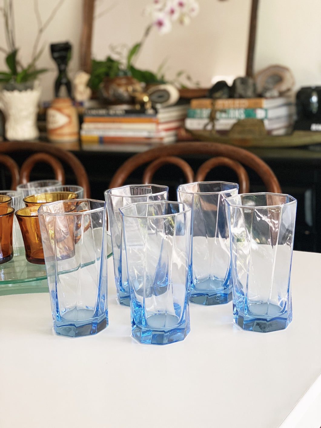 Vintage Light Blue Swirled Octagonal Tallboy Glass Cups - Set of 4